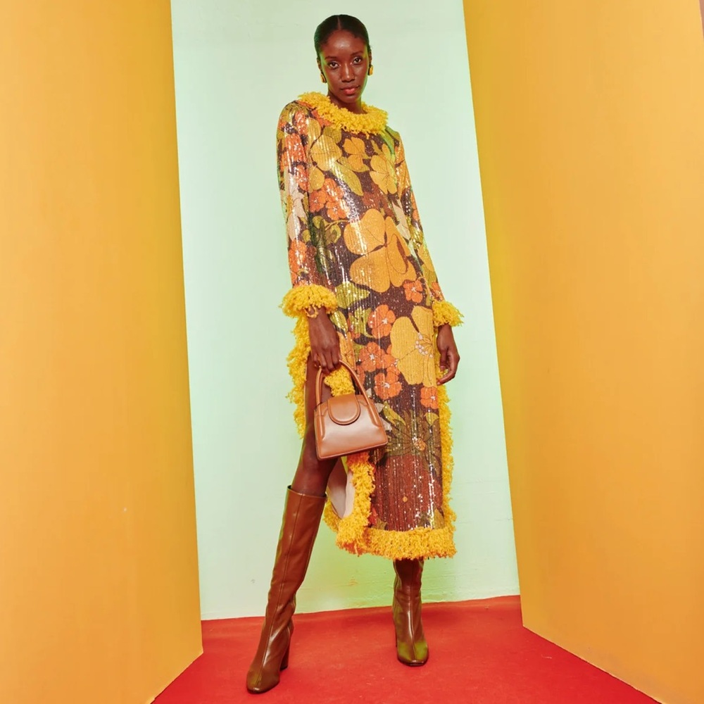 CeliaB Deva Gold Yellow Orange Bronze Floral Sequin Fringe Midi Dress L 8 10 12